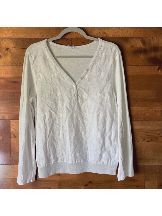 Tempo Paris Tops - Tempo Paris White Linen Blend Embroidered Dot Top Small V-neck Minimalist Shirt